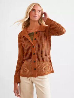 Double Zero Rust Open Knit Cardigan Size M Button Front Lightweight Sweater NWT